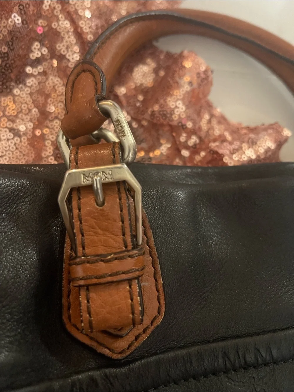 Vintage- MCM Black Leather Tote with Brown Trim and Gold Hardware